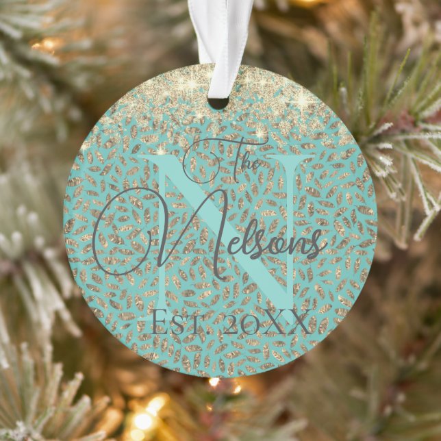Glittery Gold Feathers Monogram Family Name Ornament (Tree)