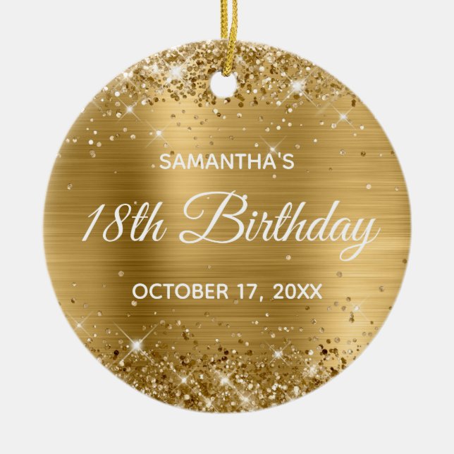 Glittery Gold Foil 18th Birthday Ceramic Tree Decoration (Front)