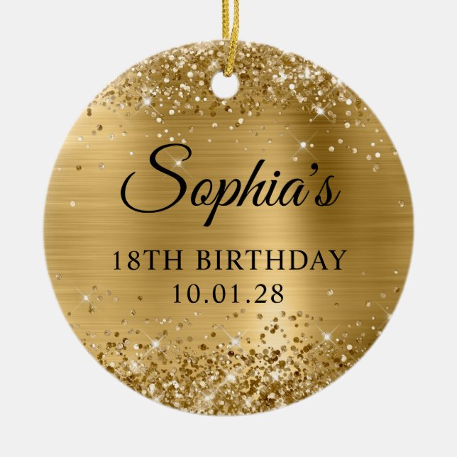 Glittery Gold Foil 18th Birthday Photo Ceramic Tree Decoration (Front)