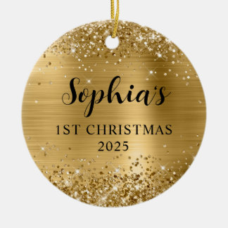 Glittery Gold Foil 1st Christmas Photo Ceramic Tree Decoration