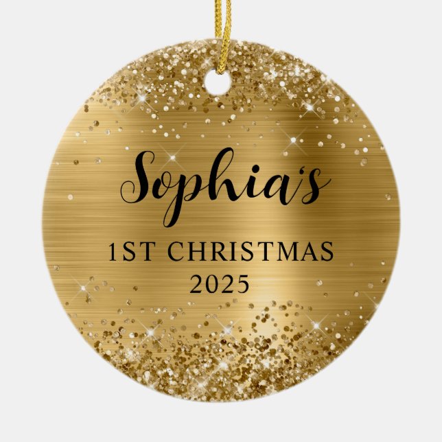 Glittery Gold Foil 1st Christmas Photo Ceramic Tree Decoration (Front)
