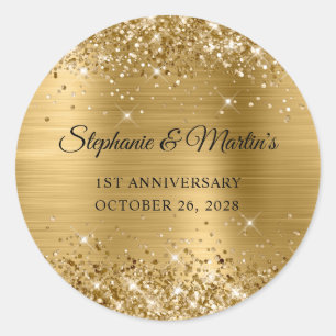 Glittery Gold Foil 1st Wedding Anniversary Classic Round Sticker