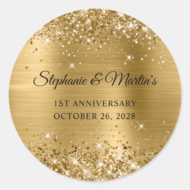 Glittery Gold Foil 1st Wedding Anniversary Classic Round Sticker (Front)