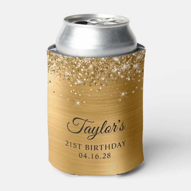 Glittery Gold Foil 21st Birthday Can Cooler (Can Front)