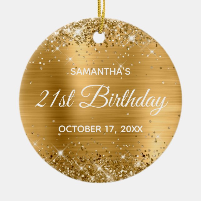 Glittery Gold Foil 21st Birthday Ceramic Tree Decoration (Front)