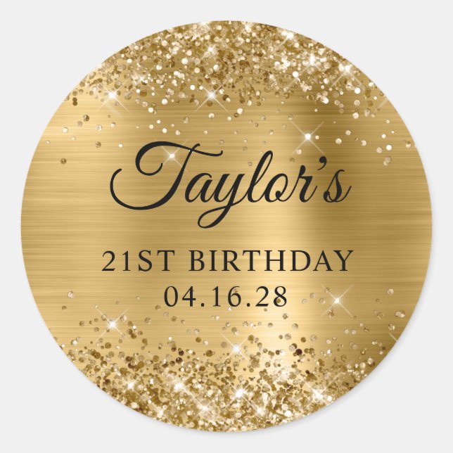 Glittery Gold Foil 21st Birthday Classic Round Sticker (Front)