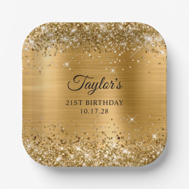 Glittery Gold Foil 21st Birthday Paper Plate (Front)
