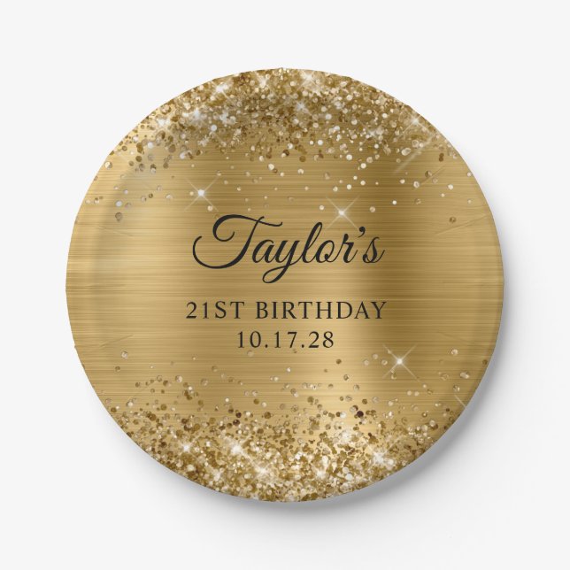 Glittery Gold Foil 21st Birthday Paper Plate (Front)