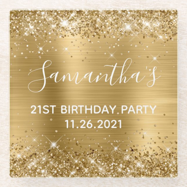 Glittery Gold Foil 21st Birthday Party Glass Coaster (Front)
