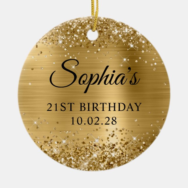 Glittery Gold Foil 21st Birthday Photo Ceramic Tree Decoration (Front)
