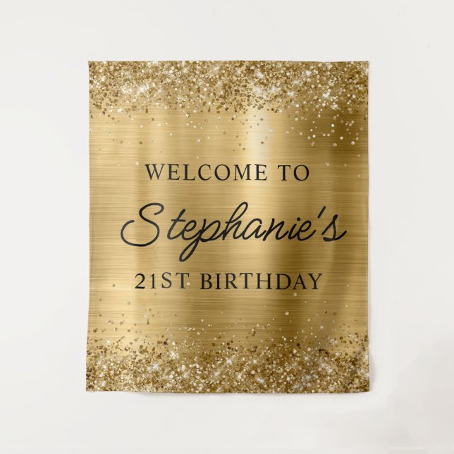Glittery Gold Foil 21st Birthday Script Welcome Tapestry (Front)