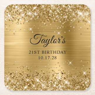 Glittery Gold Foil 21st Birthday Square Paper Coaster