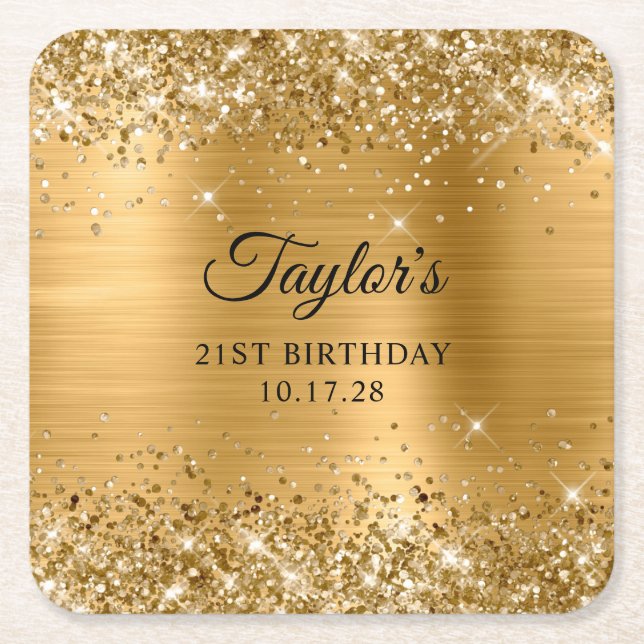 Glittery Gold Foil 21st Birthday Square Paper Coaster (Front)