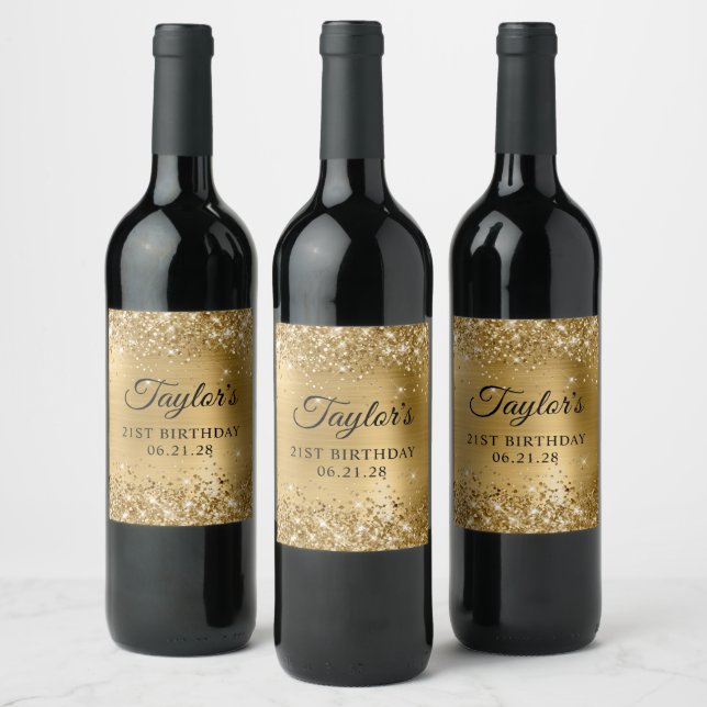 Glittery Gold Foil 21st Birthday Wine Label (Bottles)
