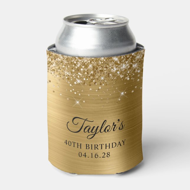 Glittery Gold Foil 40th Birthday Can Cooler (Can Front)