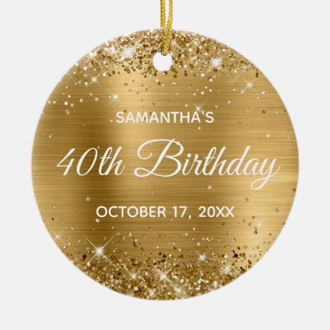 Glittery Gold Foil 40th Birthday Ceramic Tree Decoration (Front)
