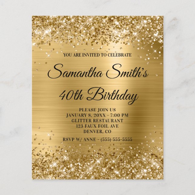 Glittery Gold Foil 40th Birthday Invite Flyer (Front)