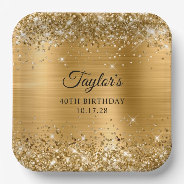 Glittery Gold Foil 40th Birthday Paper Plate (Front)