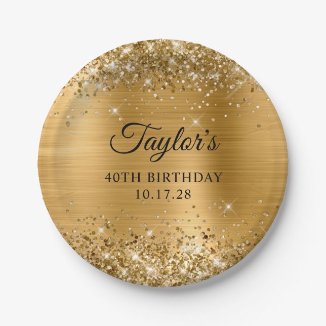 Glittery Gold Foil 40th Birthday Paper Plate (Front)