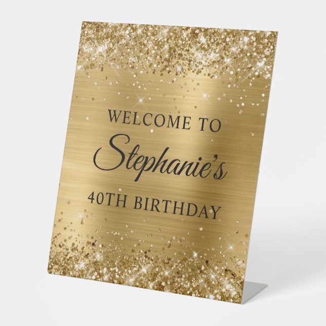 Glittery Gold Foil 40th Birthday Pedestal Sign (Front)