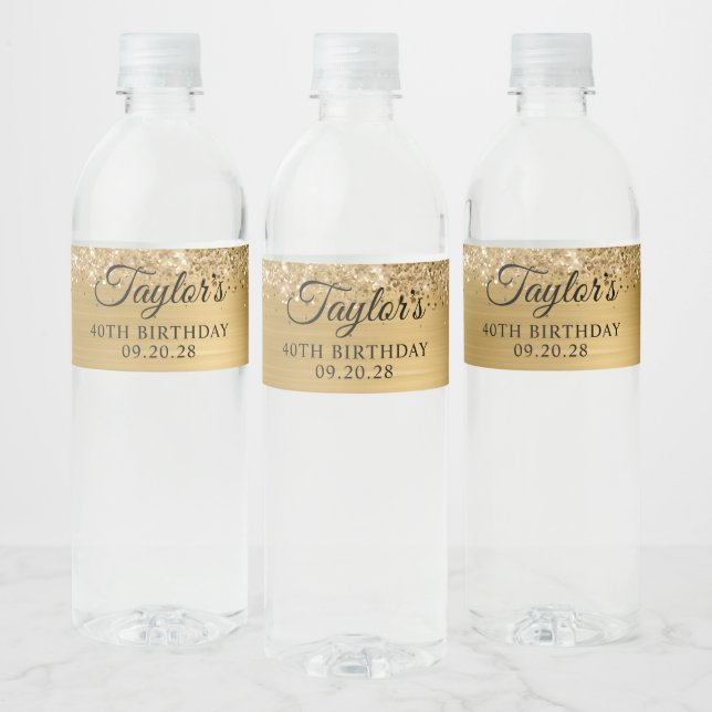 Glittery Gold Foil 40th Birthday Water Bottle Label (Bottles)