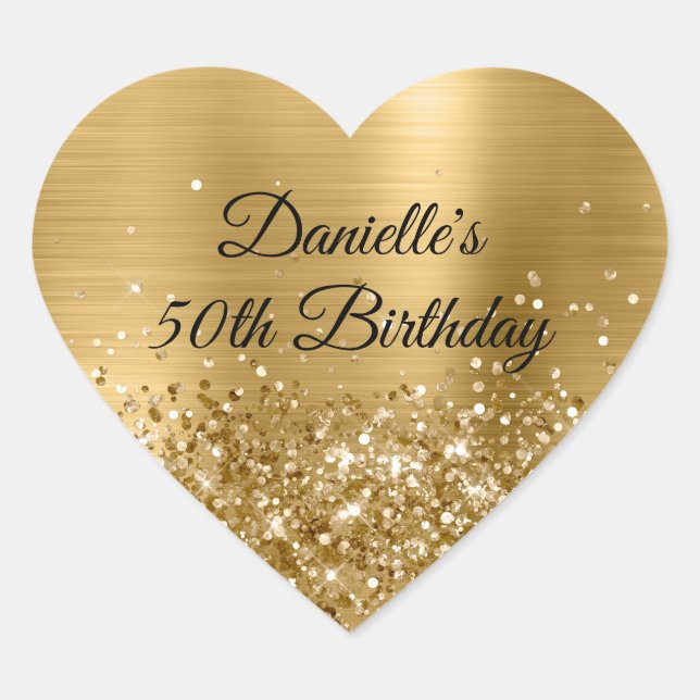 Glittery Gold Foil 50th Birthday Heart Sticker (Front)