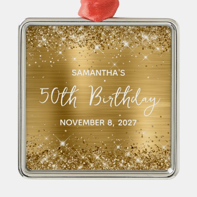 Glittery Gold Foil 50th Birthday Metal Tree Decoration (Front)
