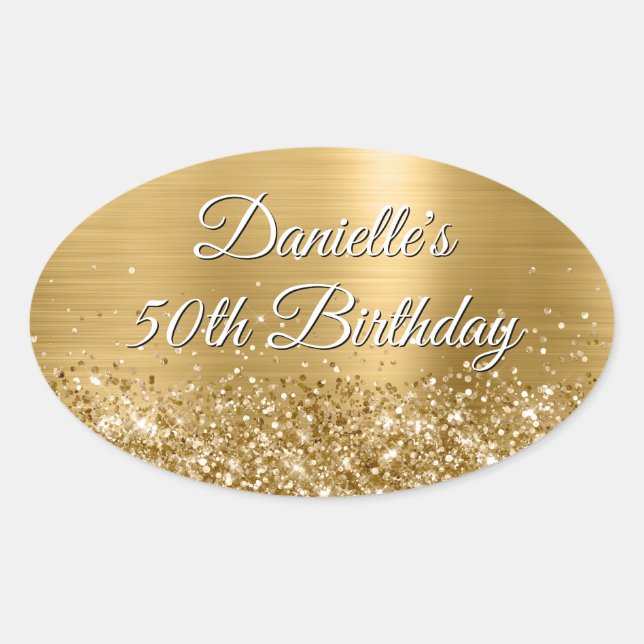 Glittery Gold Foil 50th Birthday Oval Sticker (Front)