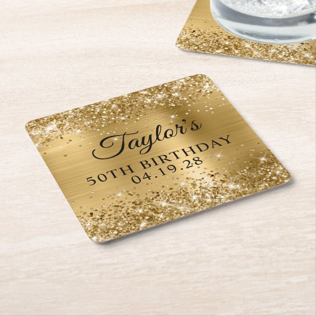 Glittery Gold Foil 50th Birthday Square Paper Coaster (Angled)