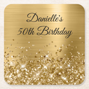 Glittery Gold Foil 50th Birthday Square Paper Coaster
