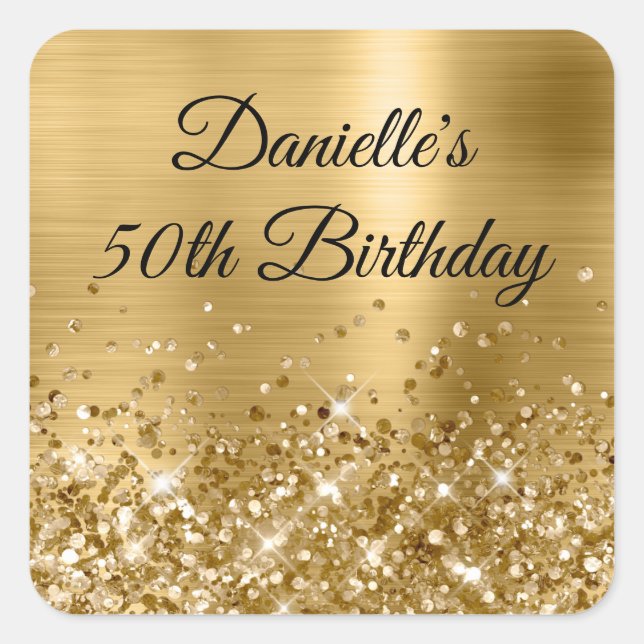 Glittery Gold Foil 50th Birthday Square Sticker (Front)