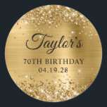 Glittery Gold Foil 70th Birthday Classic Round Sticker<br><div class="desc">Create your own 70th birthday party favour stickers. Girly faux sparkly gold glitter on the top and bottom edge, over a faux golden brushed metal style ombre foil. Customise the font styles to create your own favour sticker design for her special celebration. A classic elegant calligraphy paired with an all...</div>