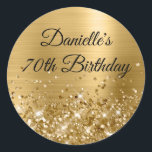 Glittery Gold Foil 70th Birthday Classic Round Sticker<br><div class="desc">Create your own fancy monogram stylish milestone 70th birthday celebration envelope seals for her. The background features a golden yellow ombre brushed metal style foil digital art graphic. Along the bottom is a band of gold faux sparkly glitter girly glam. Customise the font colour, size or style. The luxury sparkles,...</div>