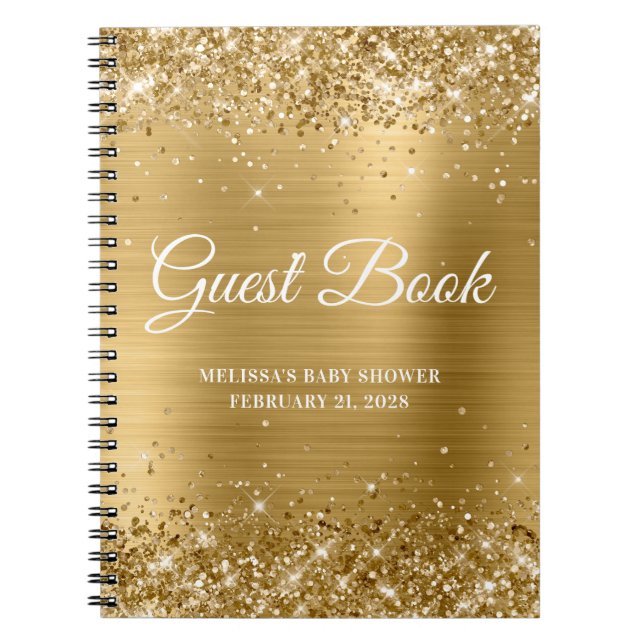 Glittery Gold Foil Baby Shower Guestbook Notebook (Front)