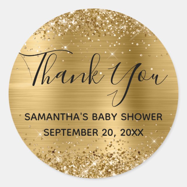 Glittery Gold Foil Baby Shower Thank You Classic Round Sticker (Front)