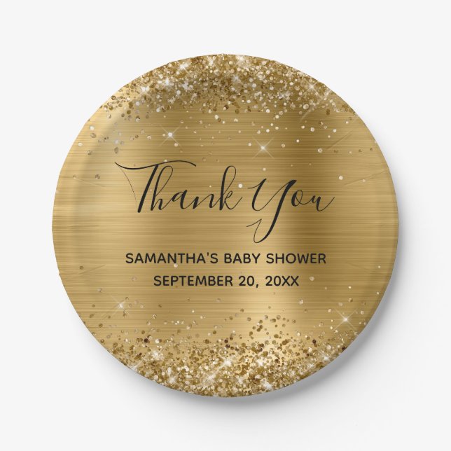 Glittery Gold Foil Baby Shower Thank You Paper Plate (Front)