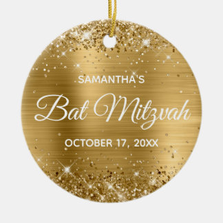 Glittery Gold Foil Bat Mitzvah Ceramic Tree Decoration