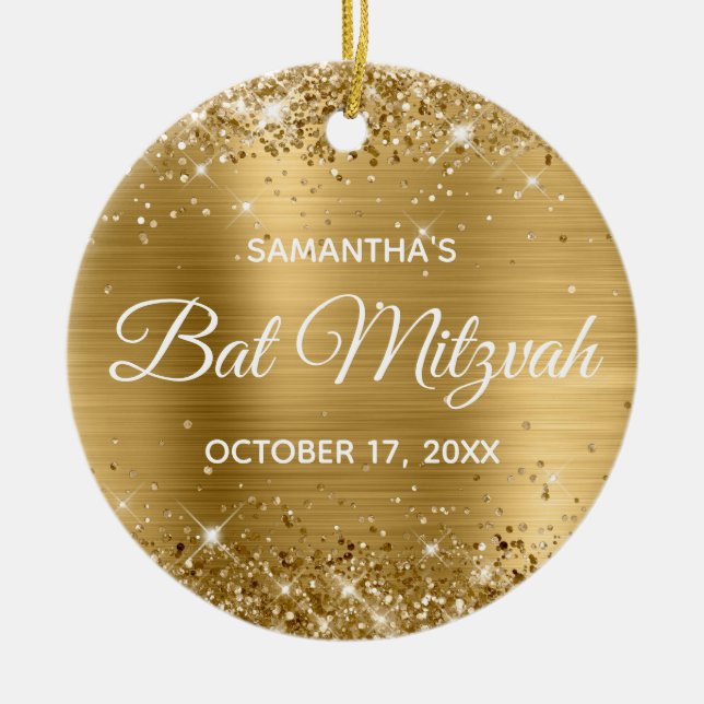 Glittery Gold Foil Bat Mitzvah Ceramic Tree Decoration (Front)