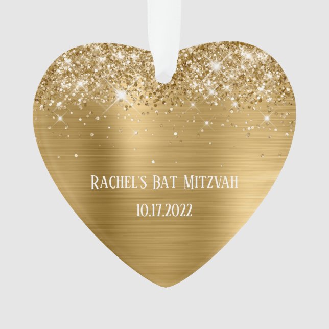 Glittery Gold Foil Bat Mitzvah Heart Ornament (Front)