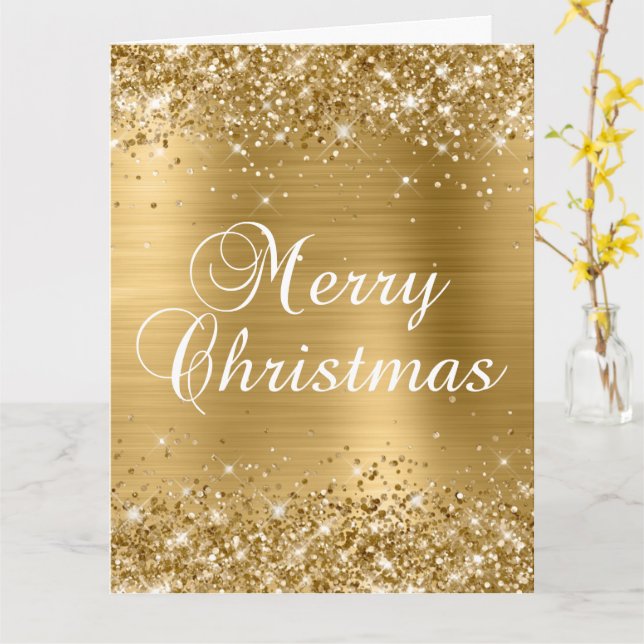 Glittery Gold Foil Big Merry Christmas Card (Yellow Flower)
