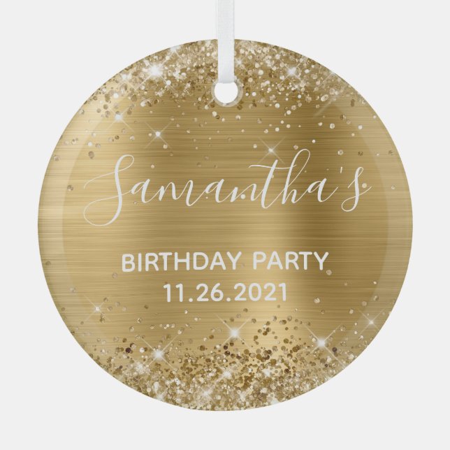 Glittery Gold Foil Birthday Party Glass Tree Decoration (Front)