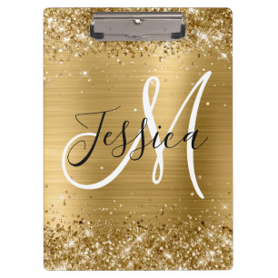 Glittery Gold Foil Black and White Monogram Clipboard