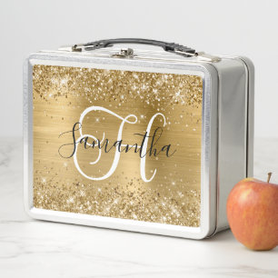 Glittery Gold Foil Black and White Monogram Metal Lunch Box