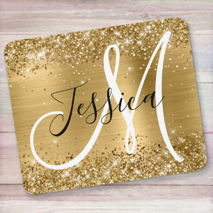 Glittery Gold Foil Black and White Monogram Mouse Mat