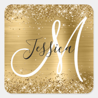 Glittery Gold Foil Black and White Monogram Square Sticker