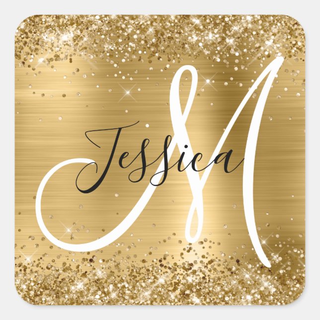 Glittery Gold Foil Black and White Monogram Square Sticker (Front)