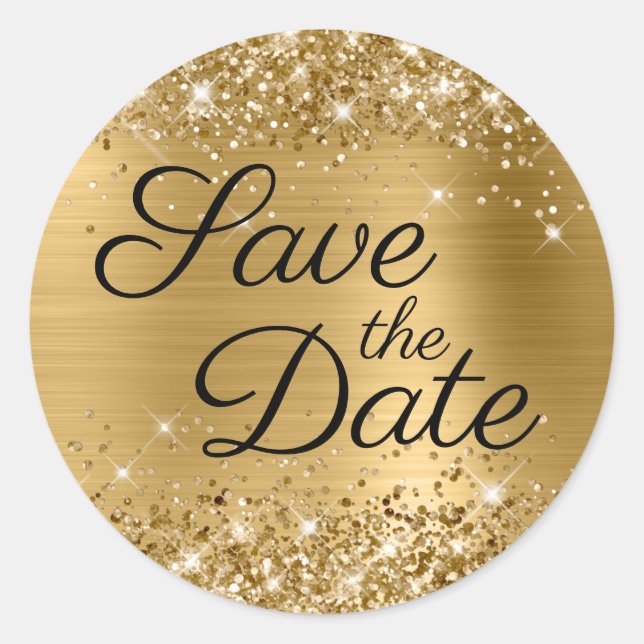Glittery Gold Foil Black Elegant Save the Date Classic Round Sticker (Front)