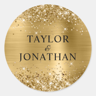 Glittery Gold Foil Bride & Groom Wedding Classic Round Sticker