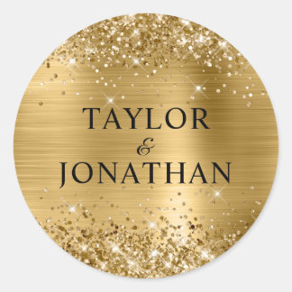 Glittery Gold Foil Bride & Groom Wedding Classic Round Sticker