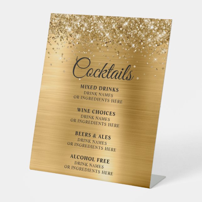 Glittery Gold Foil Cocktails Bar Menu Pedestal Sign (Front)